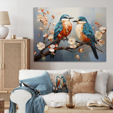 Orange and blue birds on blossom tree - Bird Living Room Wall Art